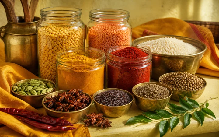 Glass jars of dals, rice, turmeric and Kashmiri chilli with brass bowls of whole spices