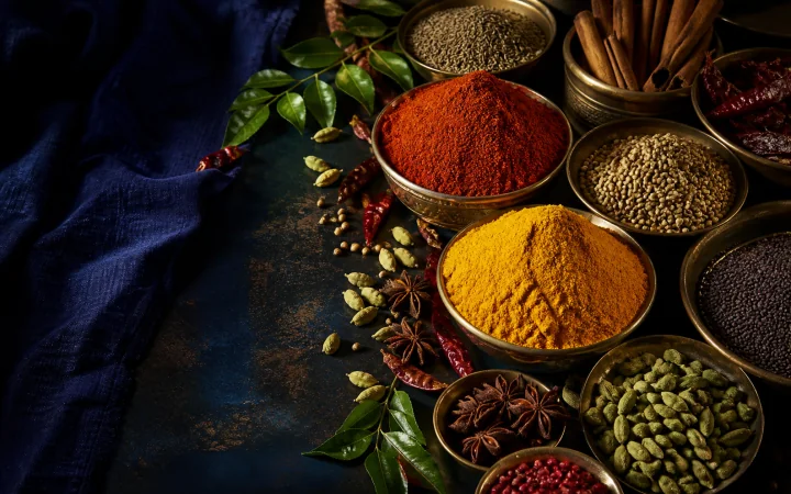 Turmeric, Kashmiri chilli, cardamom, cumin, mustard, cinnamon and dried chillies on indigo cloth